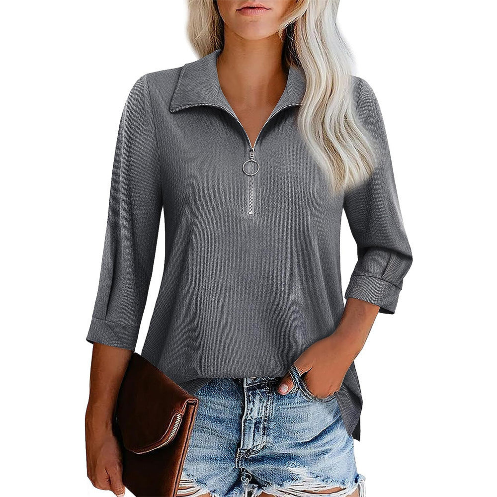 Damen nan lässige Bluse mit Reißverschlusskragen dreiviertelärmel und ausgestelltem Saum R&B