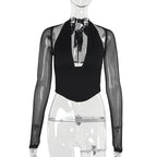Damen Hochgeschlossenes Crop-Top mit transparenten Ärmeln R&B