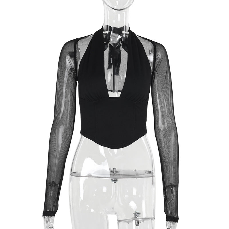 Damen Hochgeschlossenes Crop-Top mit transparenten Ärmeln R&B