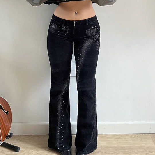 Damen Schlaghose mit floralem Design und Glitzerelementen R&B