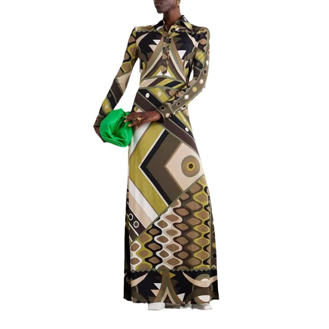 Damen Maxikleid mit geometrischem Muster und Knopfdetails R&B