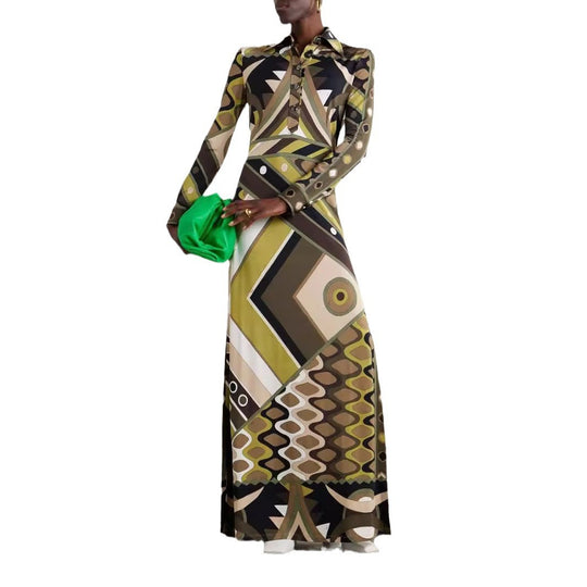 Damen Maxikleid mit geometrischem Muster und Knopfdetails R&B