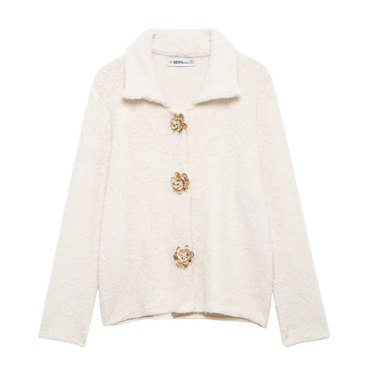 Damen Kuschelige Fluffy-Jacke mit dekorativen Knöpfen R&B