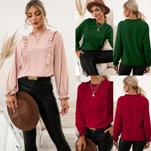 Damen elegante Bluse mit Rüschendetails und lockeren Ärmeln R&B