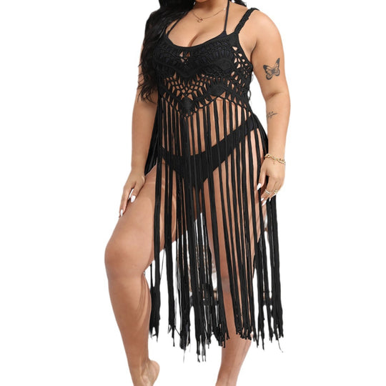 Damen gehäkelter Strandüberwurf mit fransenverziertem Design R&B