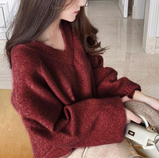 Damen Grobstrickpullover mit tiefem V-Ausschnitt und voluminösen Ärmeln R&B