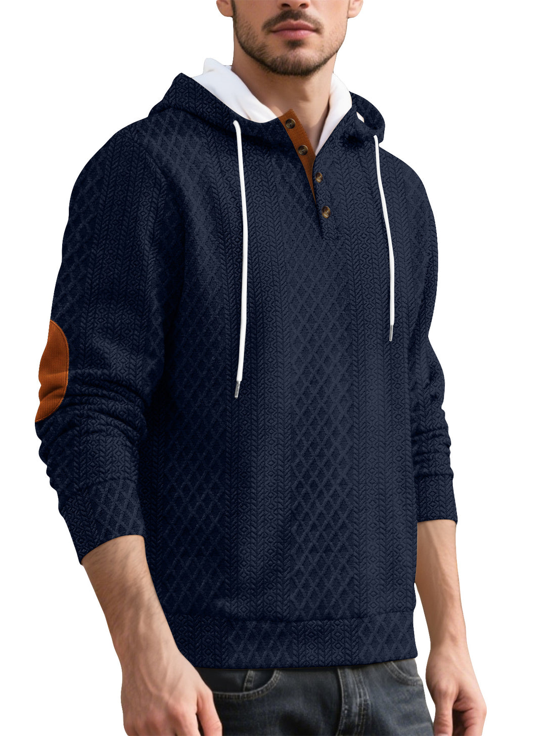 Herren nan Diamond-Struktur Kapuzenpullover mit Kurzknopfleiste, gesteppter Kapuzeninnenkante und Wildleder-Ellbogenpatch R&B