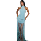 Damen stylisches und figurbetontes Abendkleid mit Fransen und hochgeschlossenem Design R&B