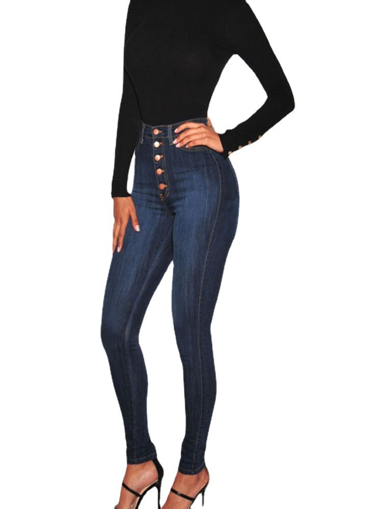 Damen High-Waist Skinny-Jeans mit Knopfdesign und figurbetontem Schnitt R&B