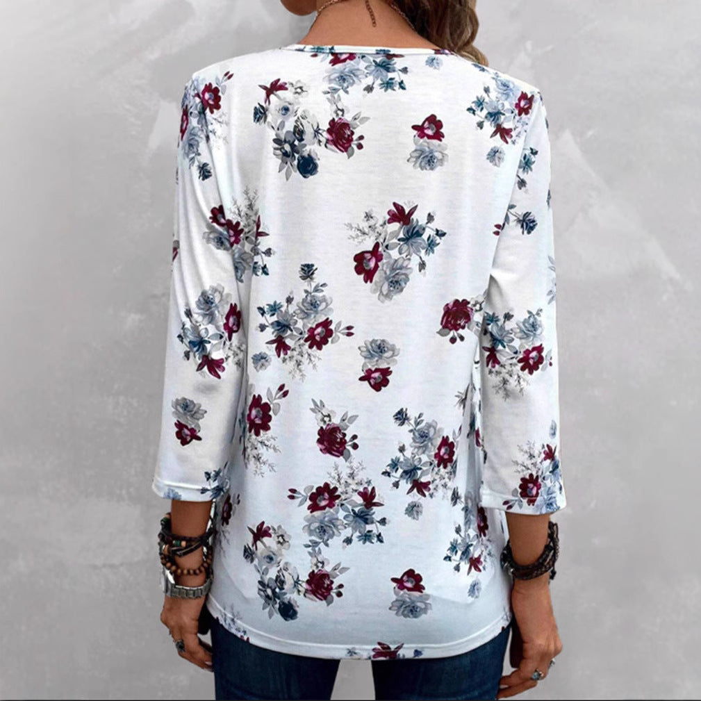 Damen nan florale Tunika-Bluse mit Kellerfalten und Zierknopfleiste R&B