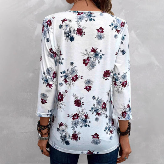 Damen nan florale Tunika-Bluse mit Kellerfalten und Zierknopfleiste R&B