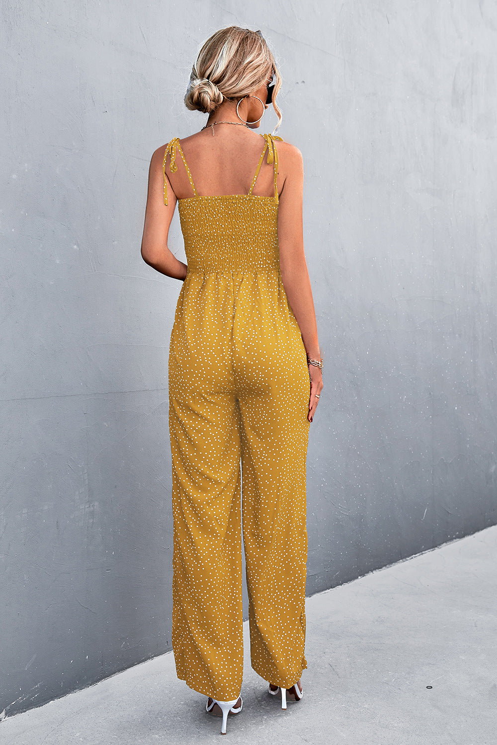 Damen luftiger Jumpsuit mit Spaghetti-Trägern und verspieltem Punktemuster R&B