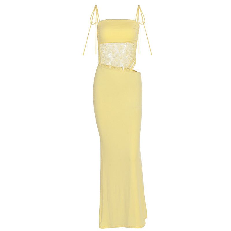 Damen elegantes langes Kleid mit raffiniertem Spitzenoberteil und verstellbaren Trägern R&B