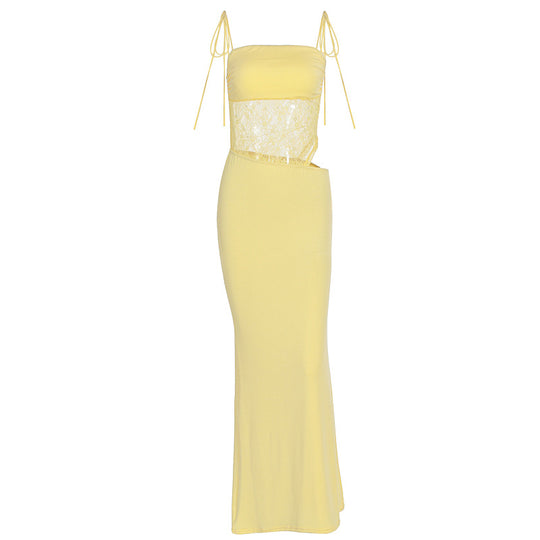 Damen elegantes langes Kleid mit raffiniertem Spitzenoberteil und verstellbaren Trägern R&B