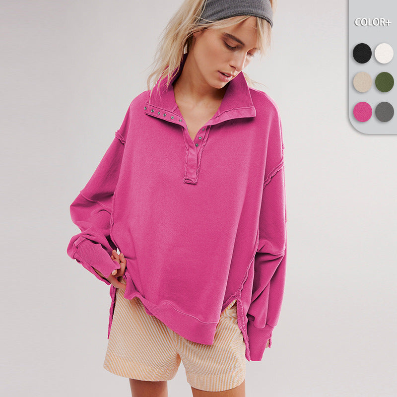 Damen Oversize Pullover mit Kragen und Druckknöpfen