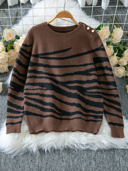 Damen gemütlicher Strickpullover mit modernem Zebrastreifen-Muster und komfortablem Schnitt R&B