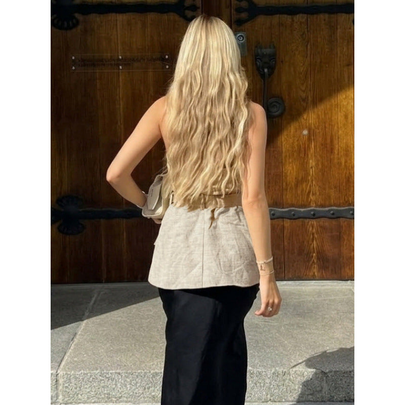 Damen ärmellose Blazer mit Bindegürtel und hoher Taillierung R&B