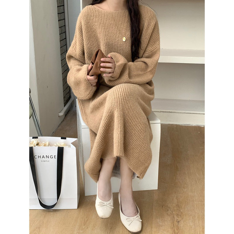 Damen Langes, gemütliches Strickkleid mit weitem Schnitt und Rundhalsausschnitt R&B