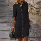 Damen Leinenhemdkleid mit Knopfleiste und umschlagbaren Ärmeln