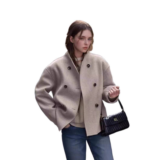 Damen modische Wolljacke mit doppelter Knopfleiste und hohen Kragen R&B