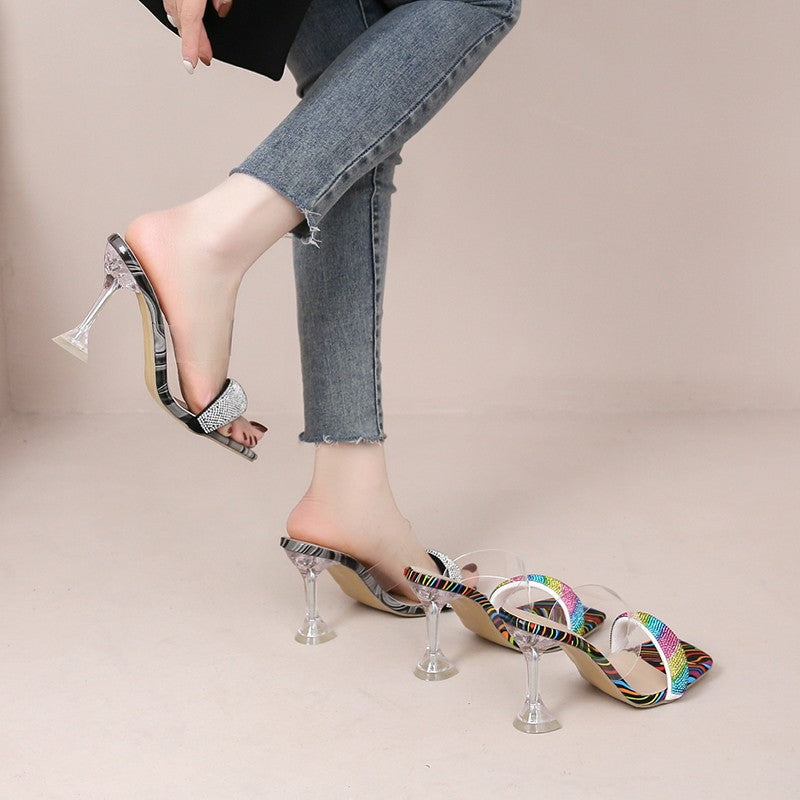 Damen modische Sandalen mit transparenten Trägern und funkelndem Strass R&B