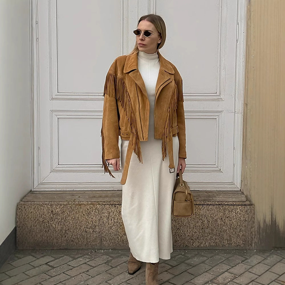 Damen Wildlederjacke mit fransigen Details und taillierbarem Gürtel R&B