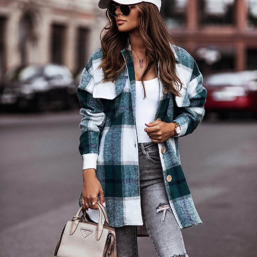 Damen Karierte Overshirt-Jacke mit praktischen Brusttaschen R&B