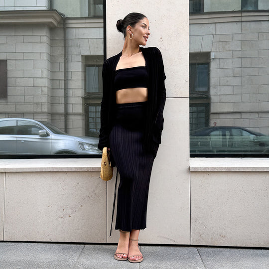 Damen Elegantes Strick-Ensemble mit Crop-Top und Maxirock R&B