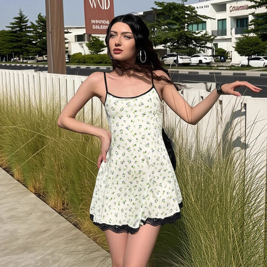 Damen Sommerliches Spaghetti-Trägerkleid mit floralen Mustern und Spitzenbesatz R&B