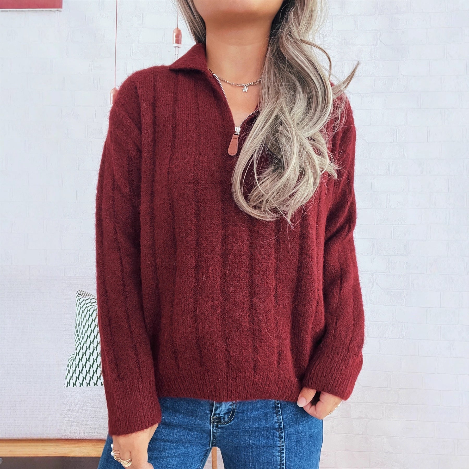 Damen Strickpullover mit kurzer Reißverschlussleiste und Wellenstruktur R&B