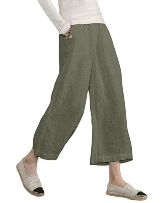 Damen weite Leinenhose mit seitlichen Taschen und elastischem Bund R&B