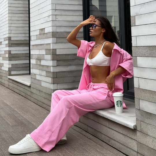 Damen lässiges Freizeit-Set aus leichtem Stoff mit weiten Hosen und lockerer Bluse R&B