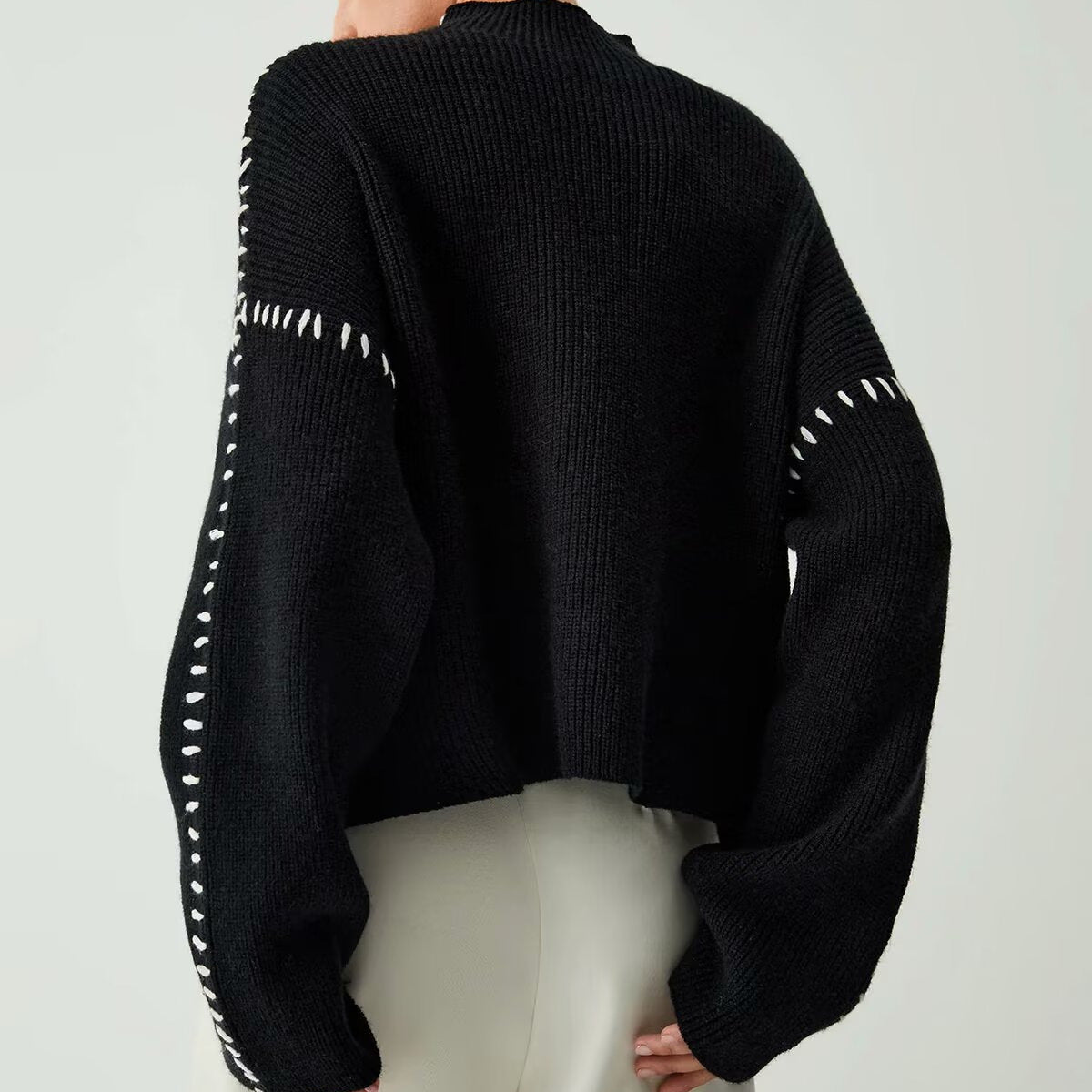 Damen nan Grobstrick-Oversize-Pullover mit hoher Rollkragenkante und Zierstich-Ärmeln R&B