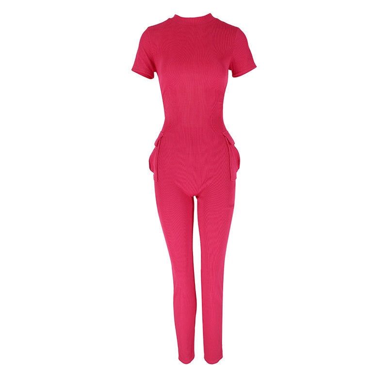 Damen figurbetontes Jumpsuit mit hohem Kragen und Seitentaschen R&B