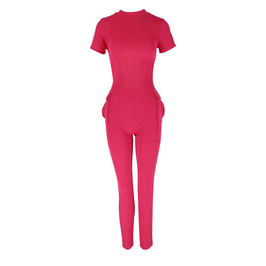 Damen figurbetontes Jumpsuit mit hohem Kragen und Seitentaschen R&B