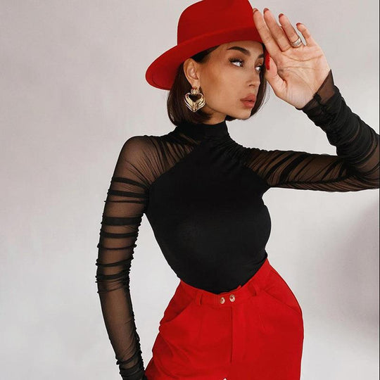 Damen Eleganter Langarm-Bodysuit mit transparenter Raffung R&B
