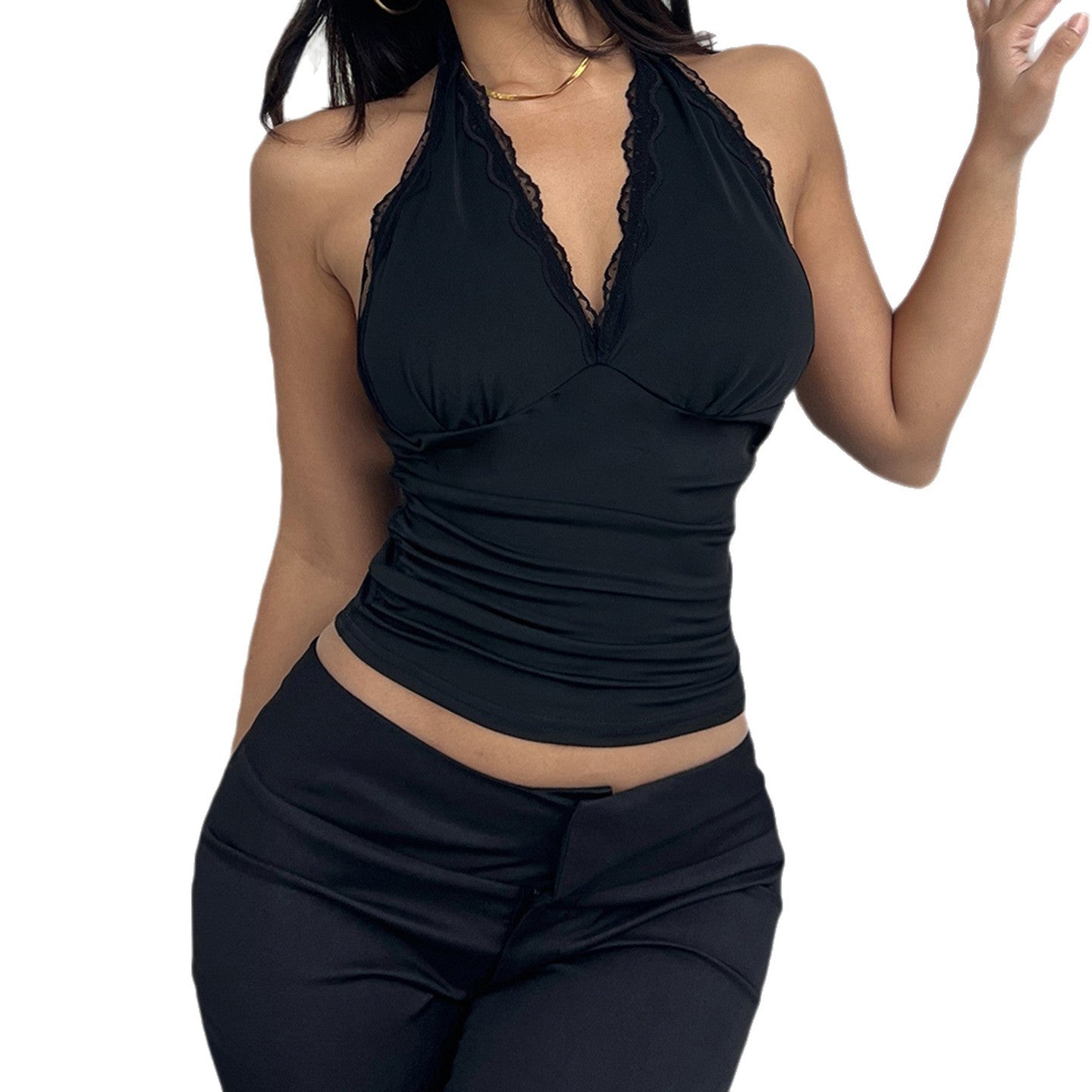 Damen Elegantes Haltertop mit aufregendem V-Ausschnitt und modischen Spitzenakzenten R&B