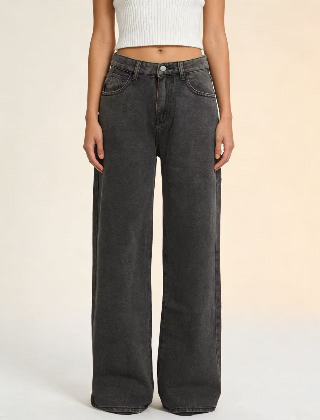 Damen weite Denim-Hose mit Vintage-Waschung und hoch geschnittenem Bund R&B