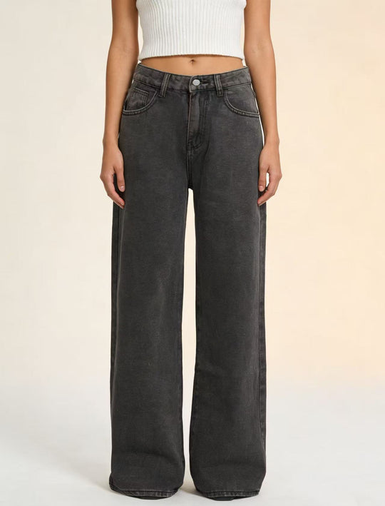 Damen weite Denim-Hose mit Vintage-Waschung und hoch geschnittenem Bund R&B