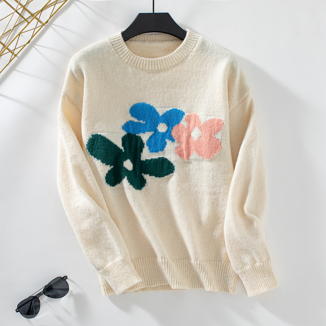 Damen lässiger Pullover mit floralen Motiven und Rundkragen