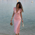 Damen Elegantes Maxikleid mit Spitzenverzierungen und tiefem V-Ausschnitt R&B