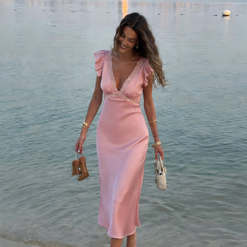 Damen Elegantes Maxikleid mit Spitzenverzierungen und tiefem V-Ausschnitt R&B