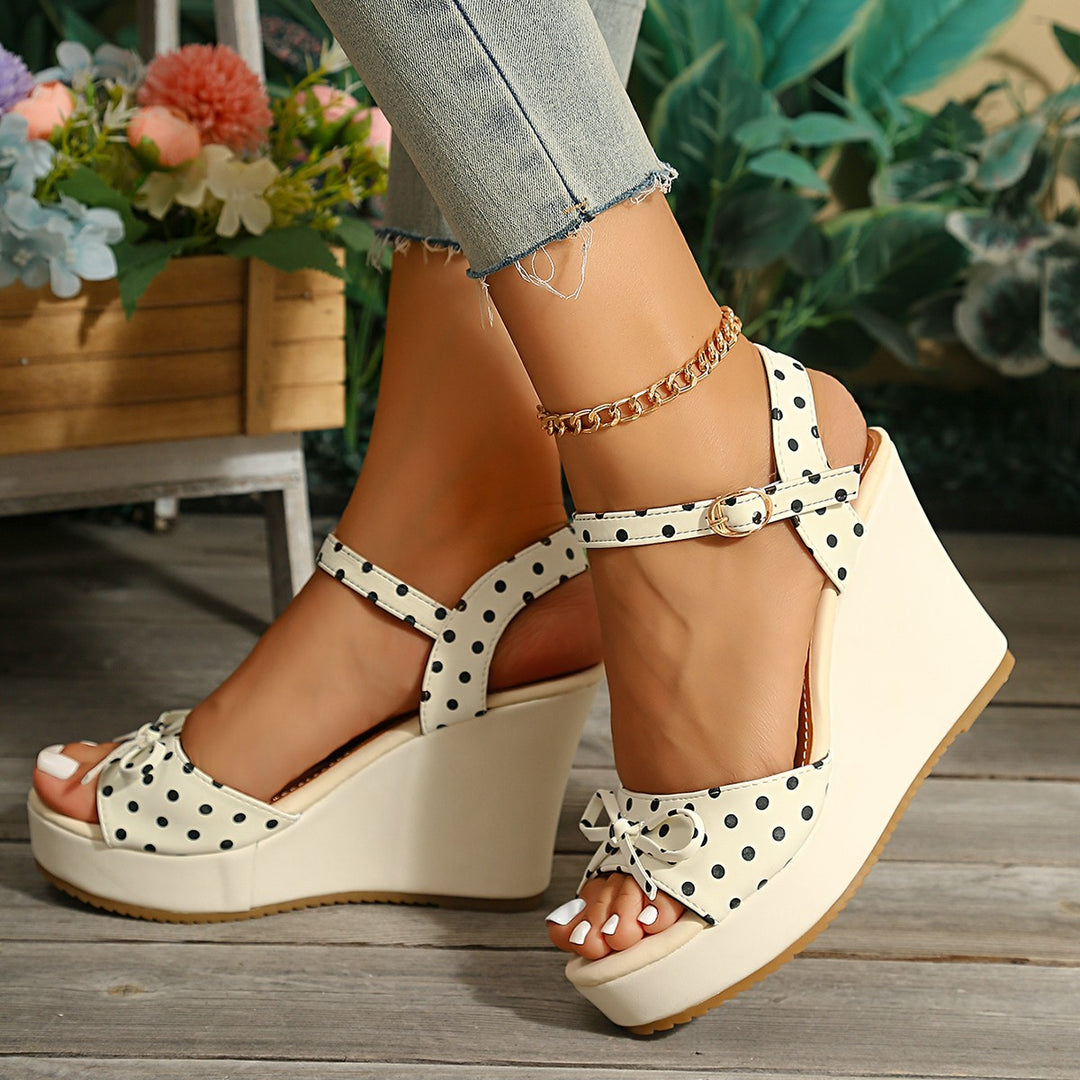 Damen Wedge-Sandalen mit verspieltem Punktmuster und süßer Schleifenverzierung R&B