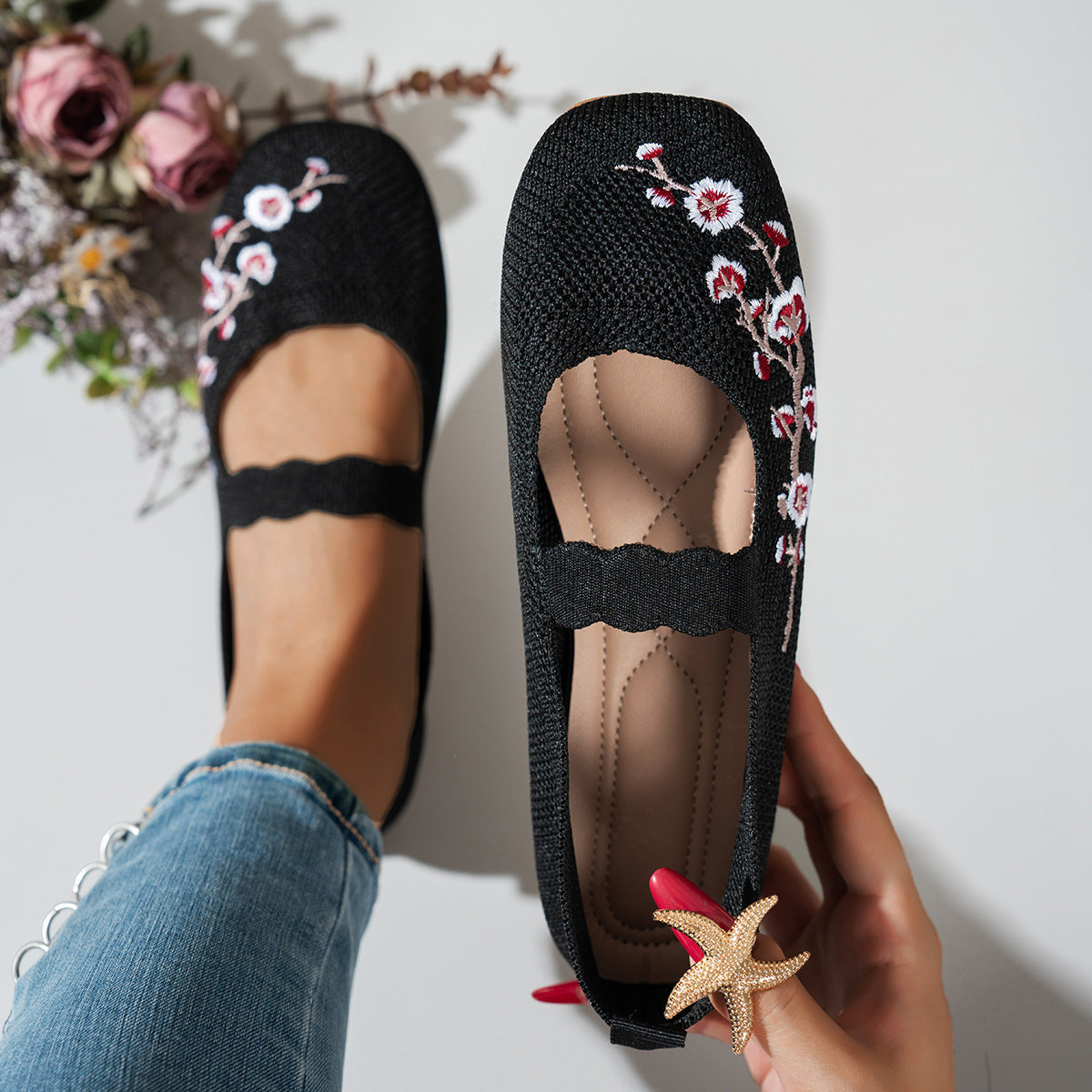 Damen Ballerinas mit floralem Stickdesign und elastischem Riemen R&B