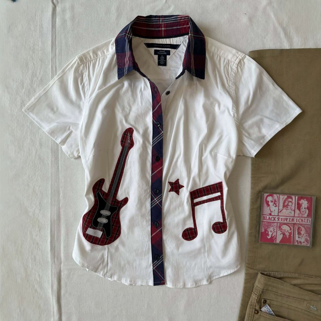 Damen Kurzarmhemd mit musikalischem Print R&B