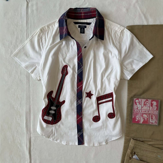 Damen Kurzarmhemd mit musikalischem Print R&B