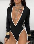 Damen Bodysuit mit tiefem V-Ausschnitt und eleganten Kontrastnähten R&B
