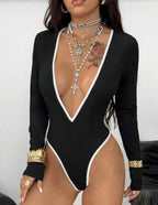 Damen Bodysuit mit tiefem V-Ausschnitt und eleganten Kontrastnähten R&B