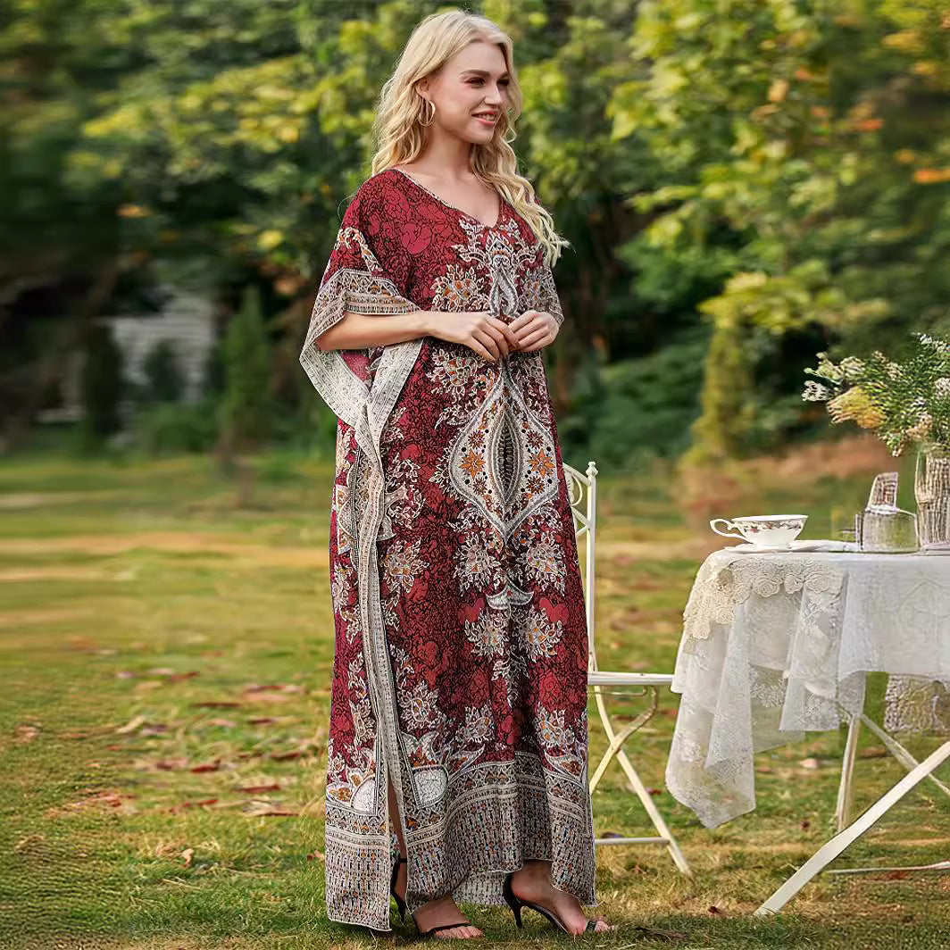 Damen Maxikleid mit elegantem floralem Muster und V-Ausschnitt R&B