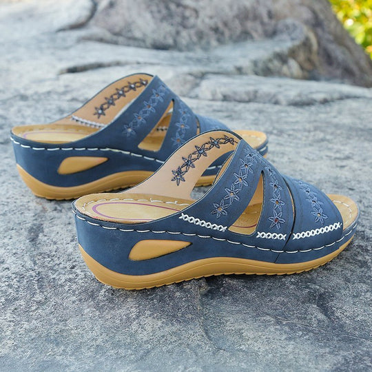 Damen bequeme Sandalen mit ergonomischer Fußbett und modischem Blumenmuster R&B